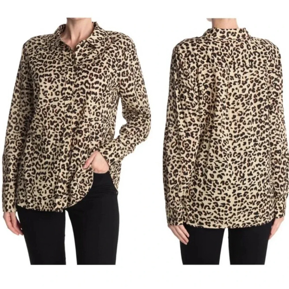 1901 Leopard Print Long Sleeve Cotton Voile Blouse Tan Brown Animal Button Down - Picture 2 of 7